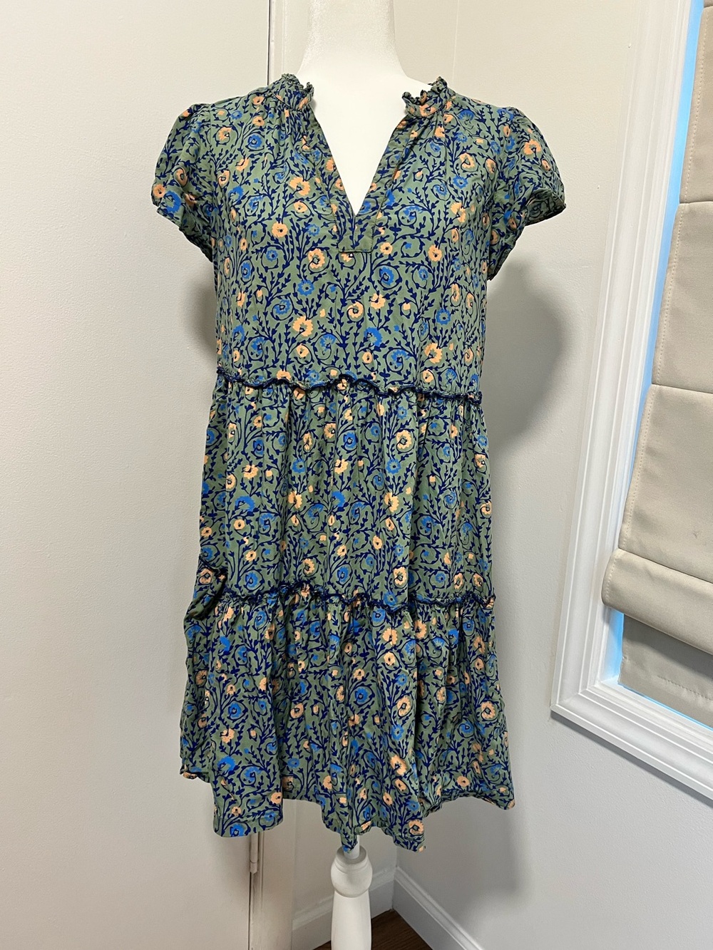 By Anthropologie Robin Tiered Floral Mini Dress Green Blue Size S